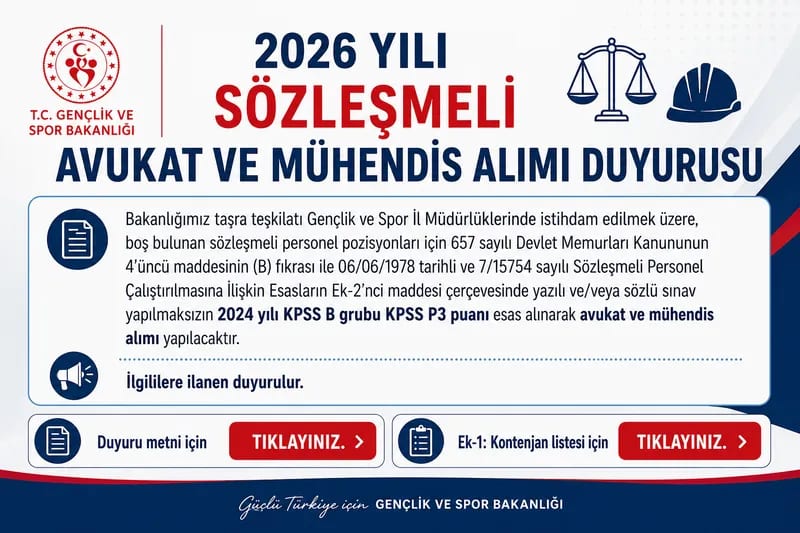 2026 YILI SÖZLEŞMELİ AVUKAT VE MÜHENDİS ALIMI DUYURUSU