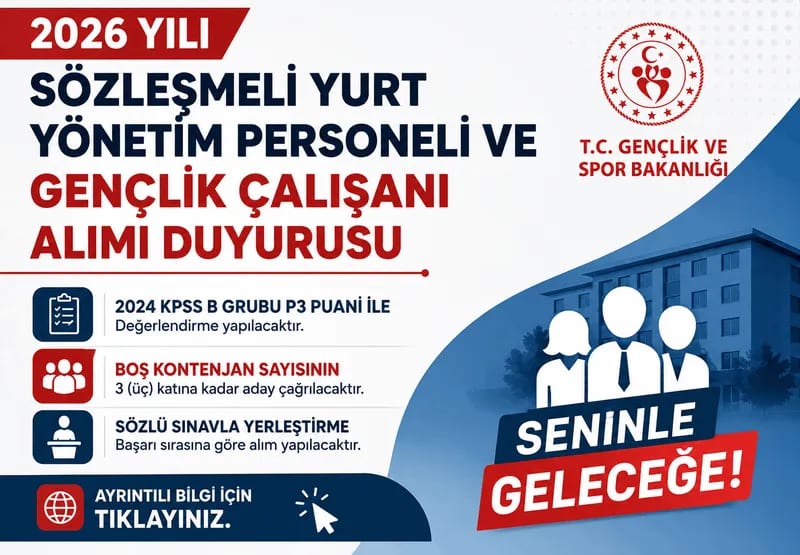 2026 YILI Sözleşmeli Yurt Yönetim Personeli ve Gençlik Çalışanı alımı